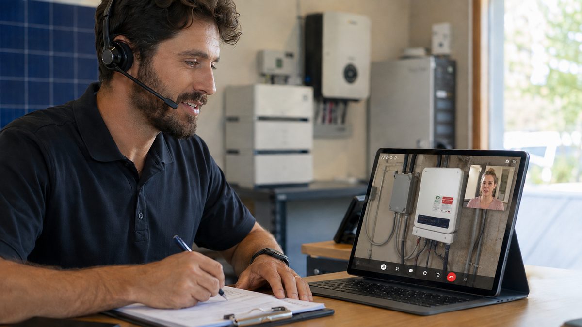 An AllSolar technician on a video call, looking at a homeowner's inverter through their phone camera